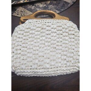 ADG Fashion Imports Woven Satchel Bag Cream Raffia Wood Handle Vintage